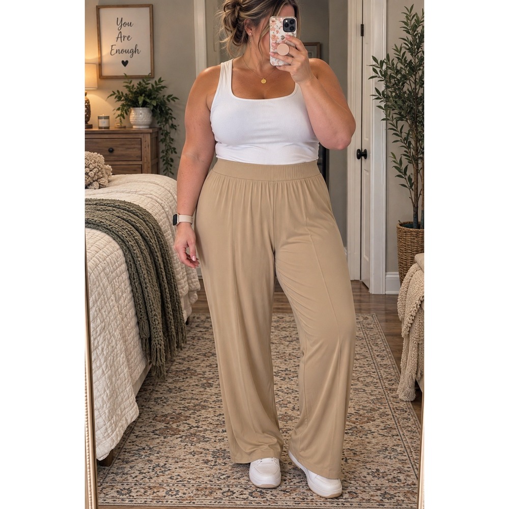 Susan Graver Wide Leg Pants 3X Beige Flowy Knit Pull On High Rise NWOT